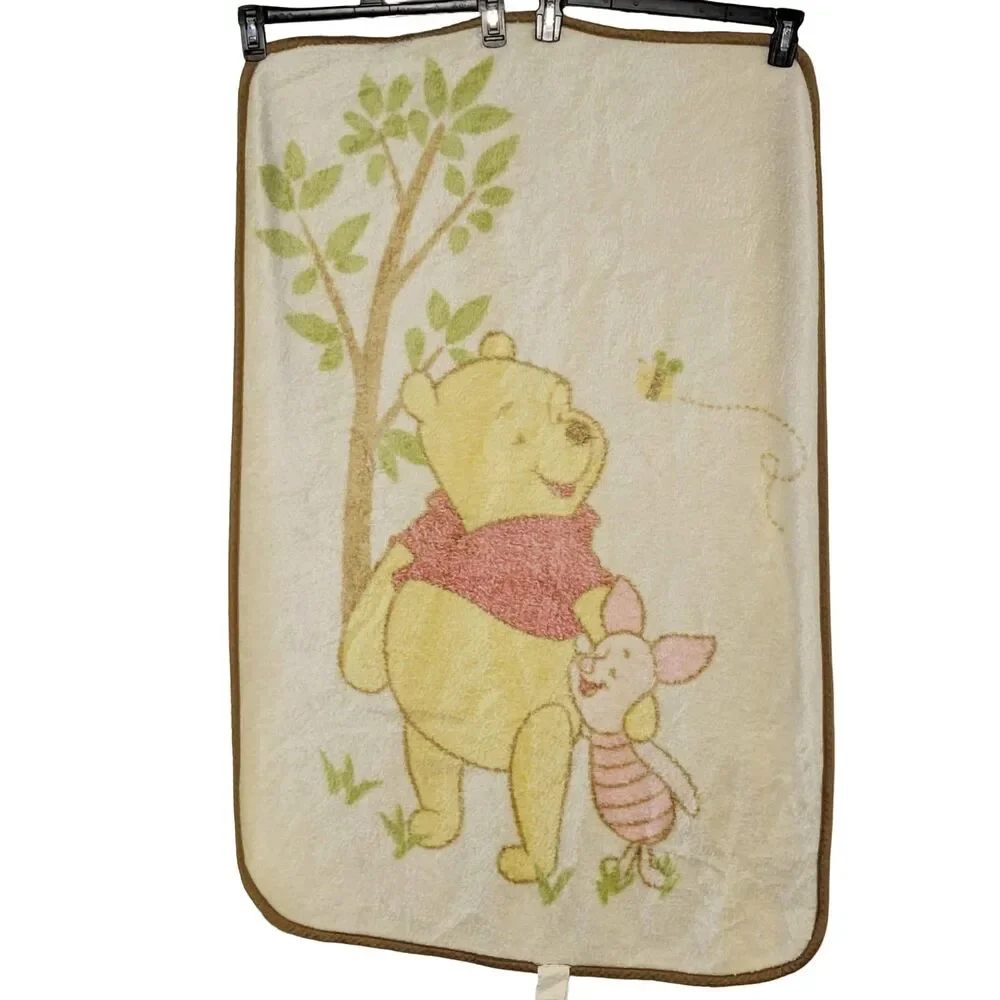 Vtg Disney Winnie The Pooh & Piglet Baby Blanket Cream Fleece Plush Crib Throw